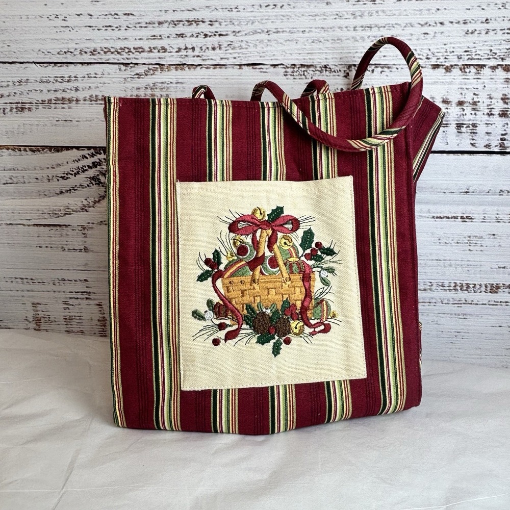 Longaberger 2005 Holiday Christmas‎ Stripe Tote Bag Embroidered Pocket Hostess